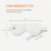 User wearing warm compress eye mask during 10–15 minute therapy session