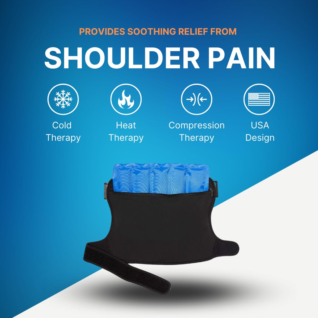 Shoulder brace applying cold therapy to reduce inflammation and swelling