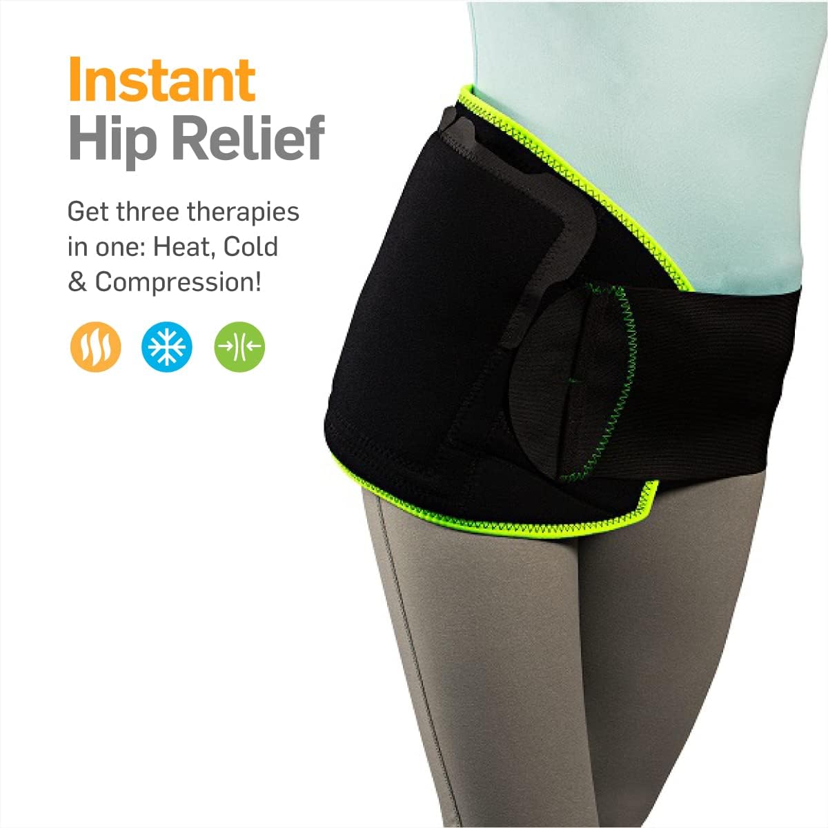 Hip wrap applying cold therapy to reduce swelling after injury or surgery