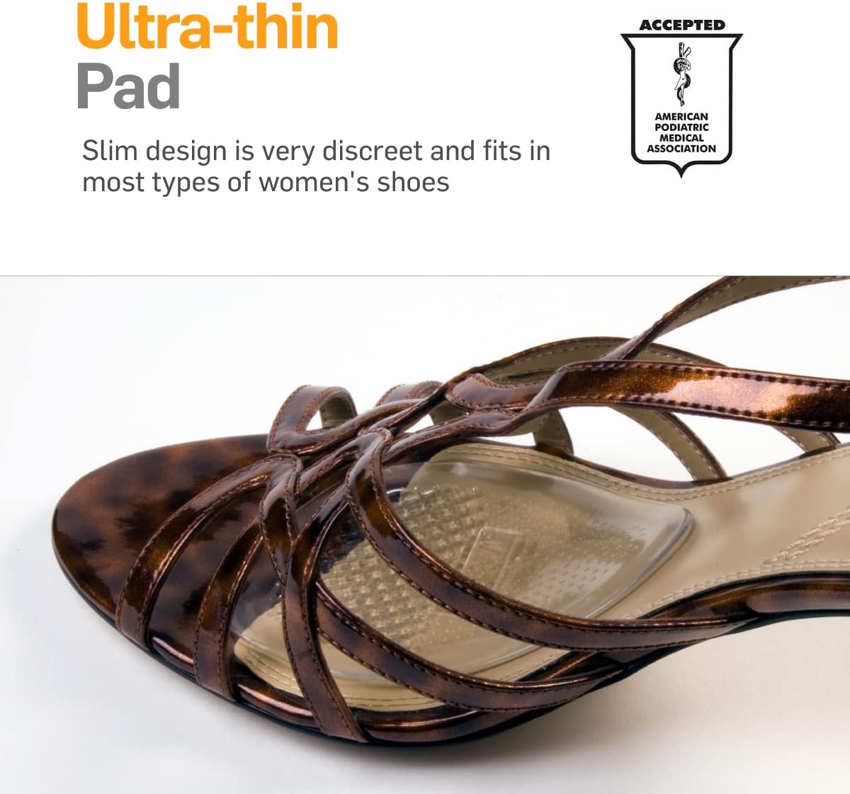 Clear adhesive forefoot pads staying in place inside high heels