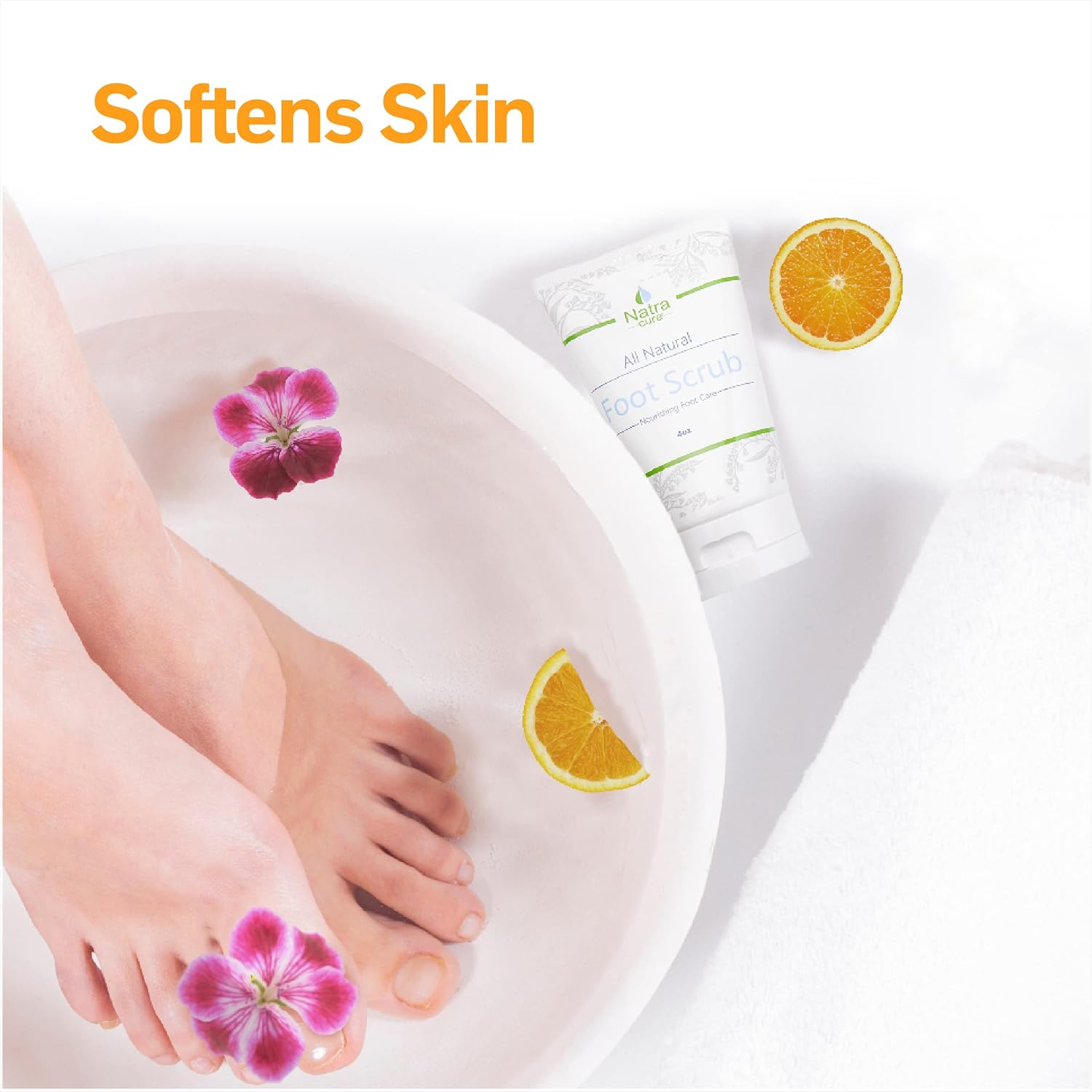 Applying foot scrub to heels to remove dead skin and reveal softness