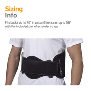 Back wrap with extender straps fitting up to 66 inches for broad size range