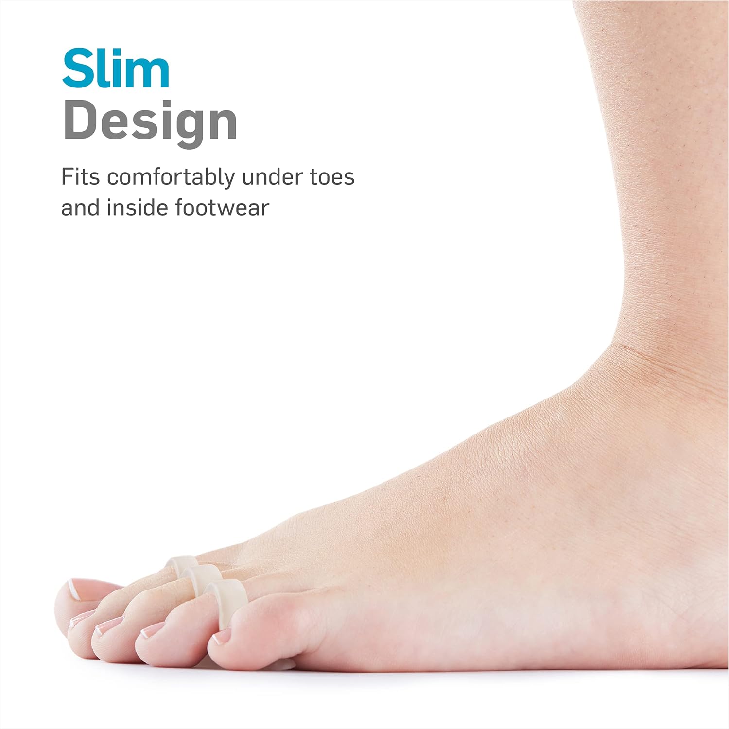 Pair of hypoallergenic, antimicrobial toe crests shown positioned under toes