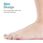 Pair of hypoallergenic, antimicrobial toe crests shown positioned under toes