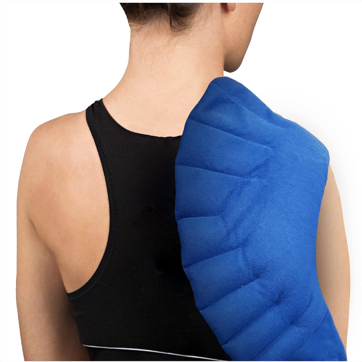Reusable, washable moist heat shoulder wrap shown over a shoulder (28 x 7 inches)