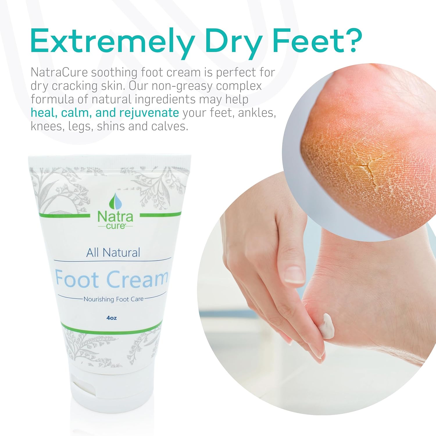 Close-up of lightweight lotion absorbing into rough heel skin