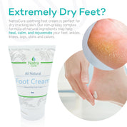 Close-up of lightweight lotion absorbing into rough heel skin