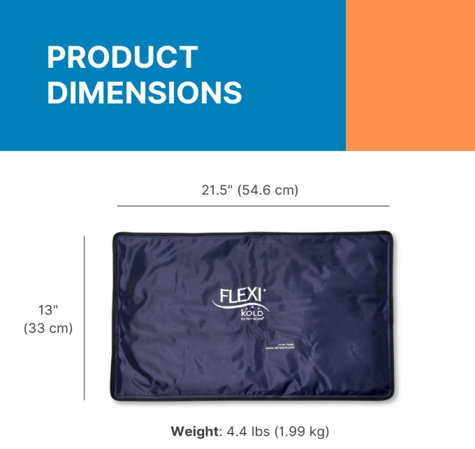 Large reusable cold pack laid flat with 13 x 21.5 inch dimensions