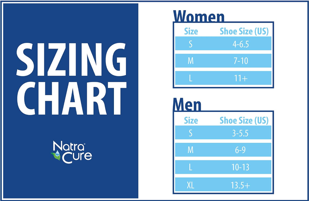 Size chart for foot compression sleeves by arch circumference and shoe size
