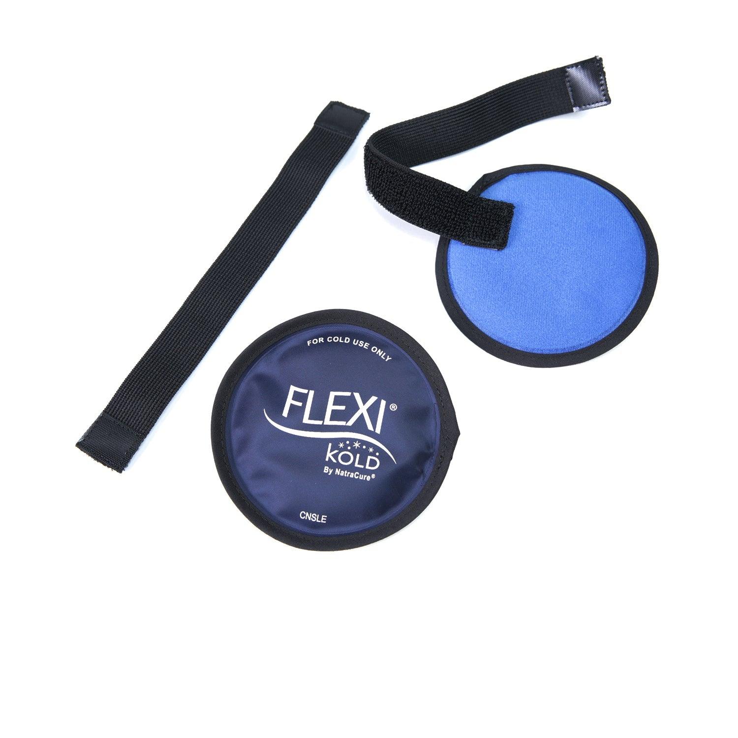 Gel cold circle secured on forehead with strap for headache relief