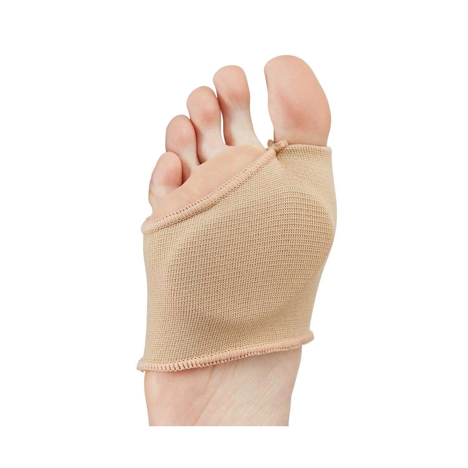 Gel metatarsal sleeve cushioning the ball of the foot to relieve forefoot pain