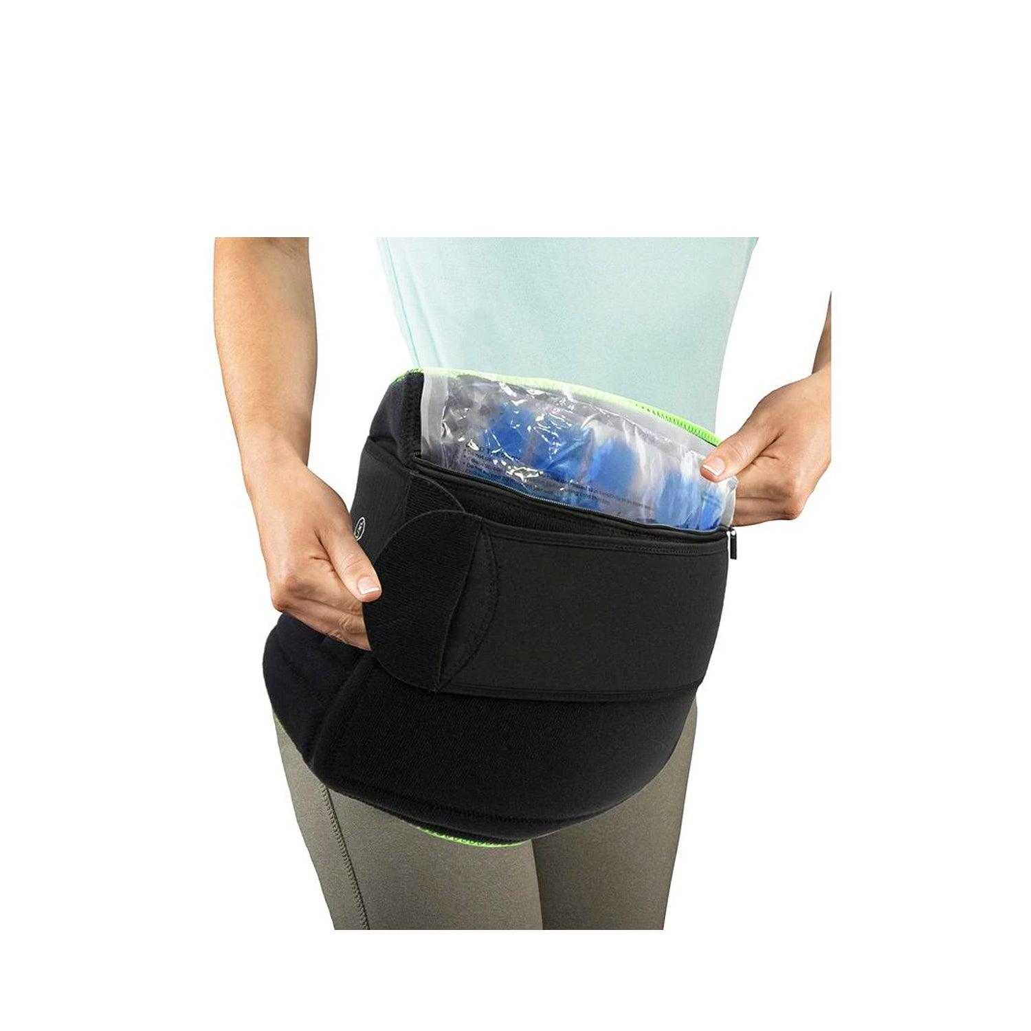 Hot/Cold hip pain relief wrap with removable gel pack and wide stretch band