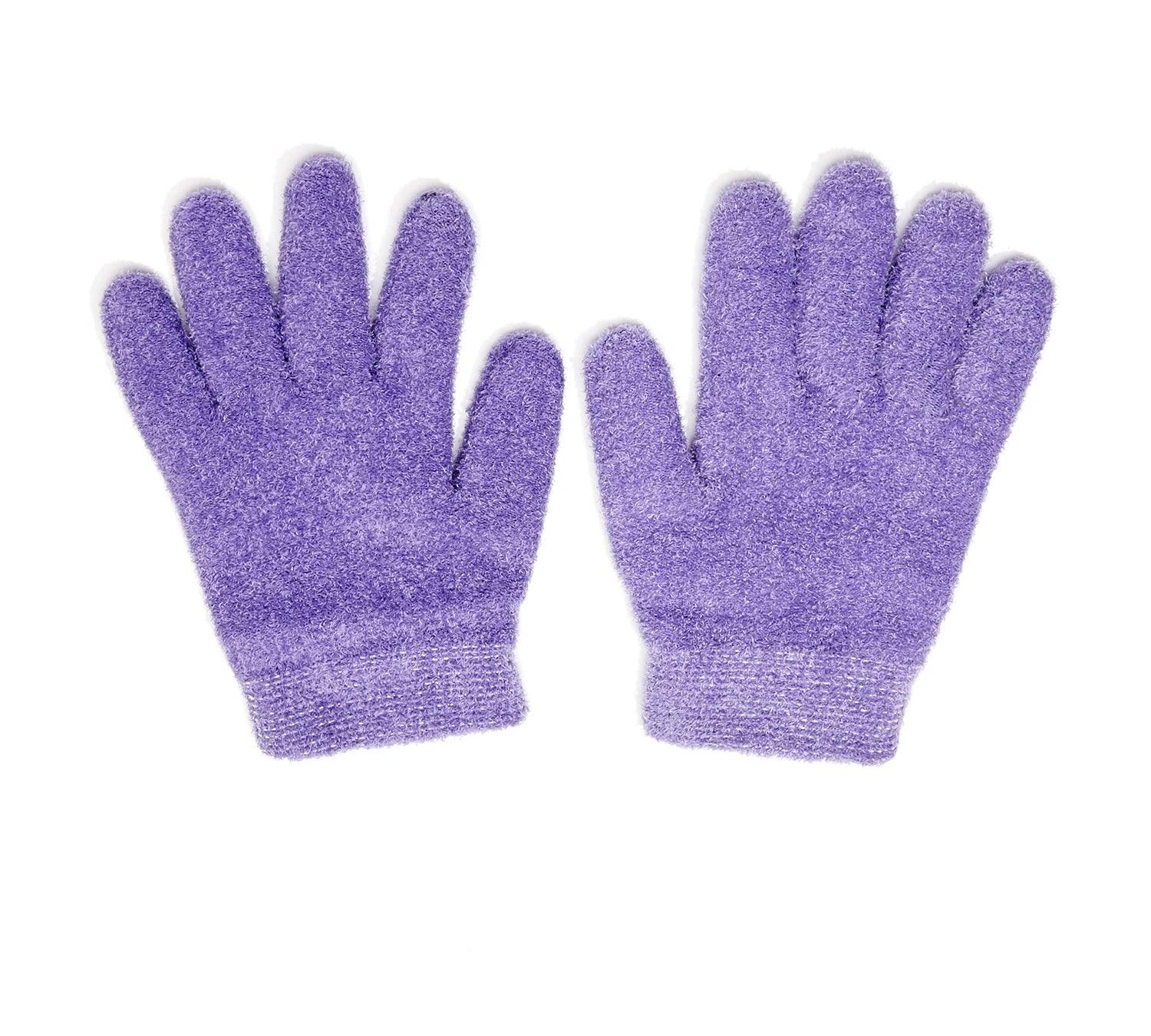 Purple moisturizing gloves releasing jojoba, olive, and grapeseed oils with body heat