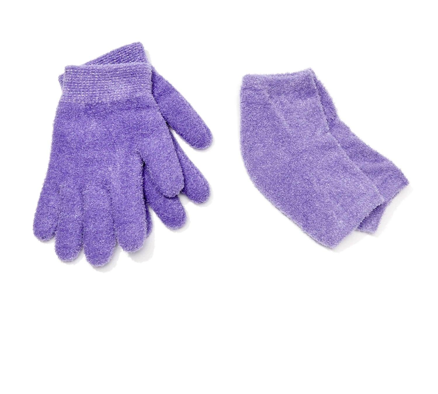 Purple moisturizing gloves and heel sleeves infusing hands and cuticles with nourishing oils
