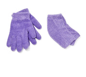 Purple moisturizing gloves and heel sleeves infusing hands and cuticles with nourishing oils