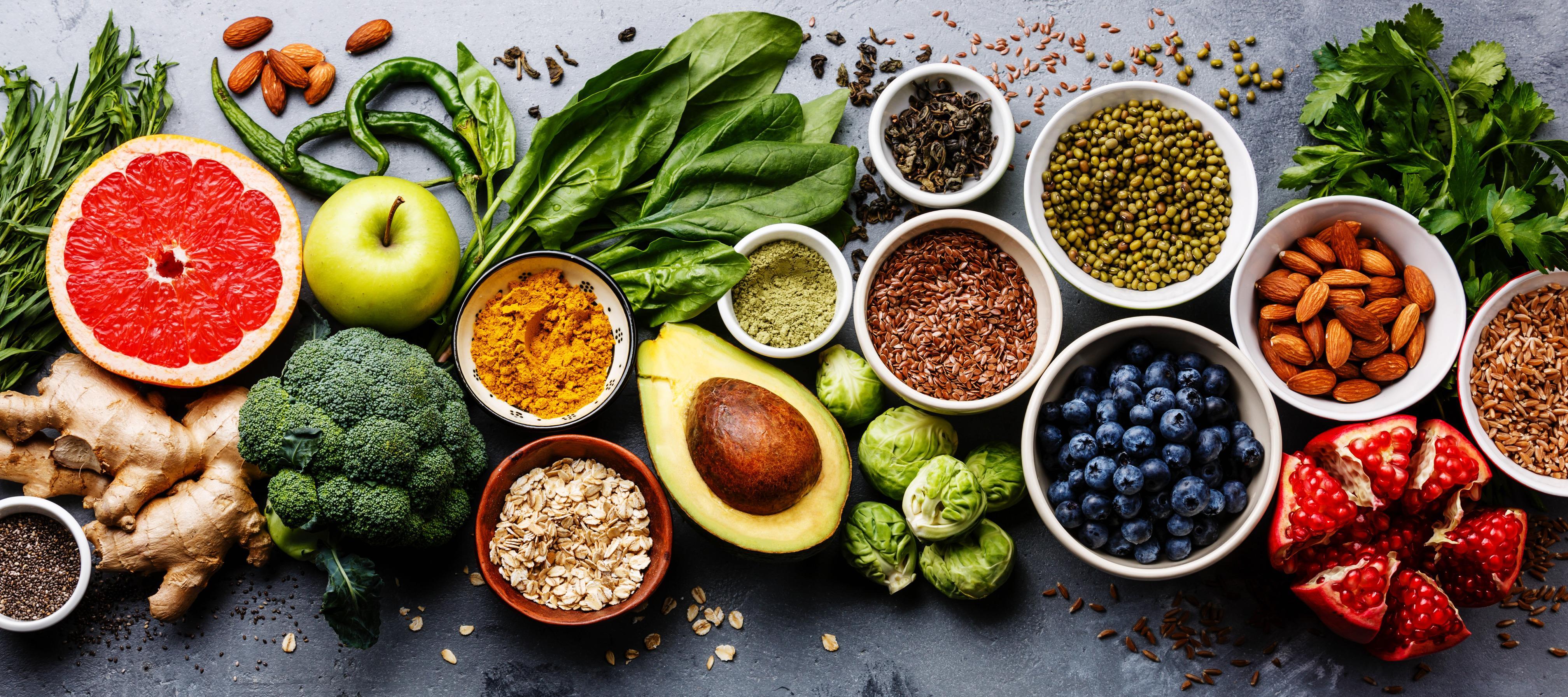 a display of clean eating fruits and vegetables