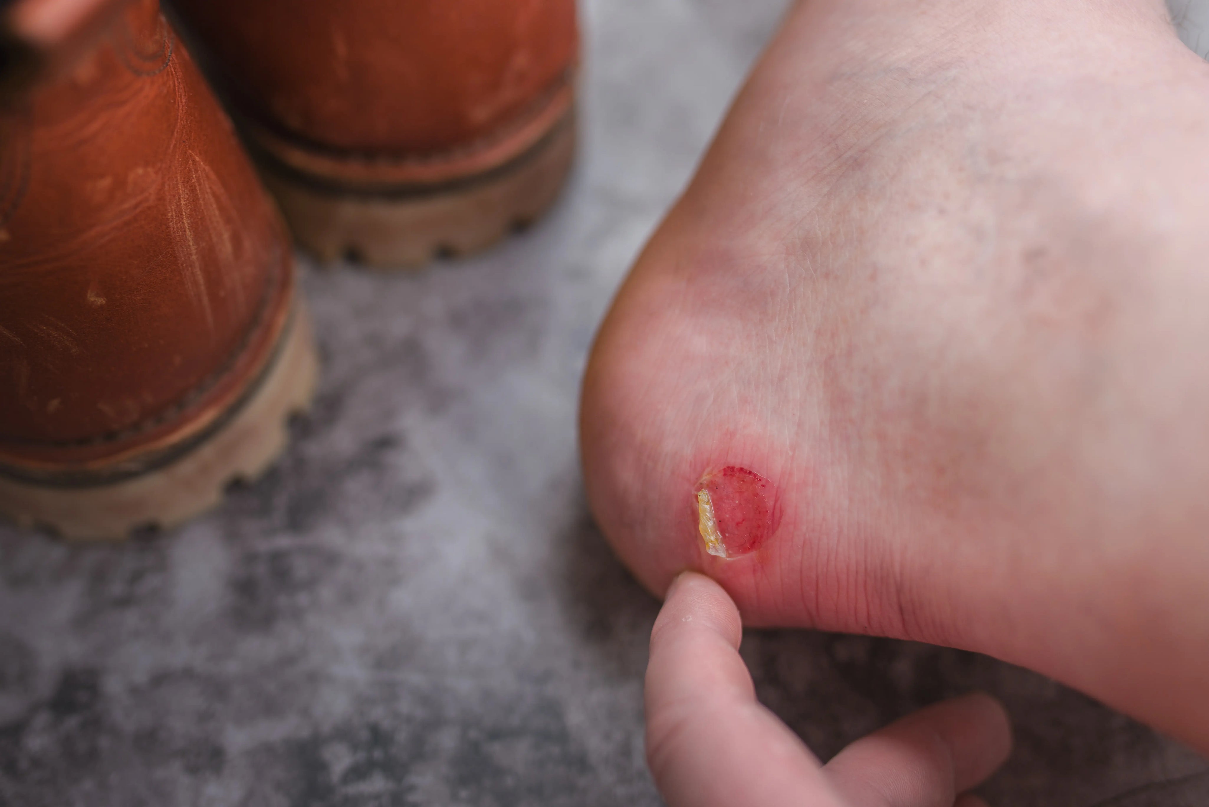 Close-up of a person’s heel with an open friction blister, showing red irritated skin while they gently touch the sore area, with brown boots in the background.