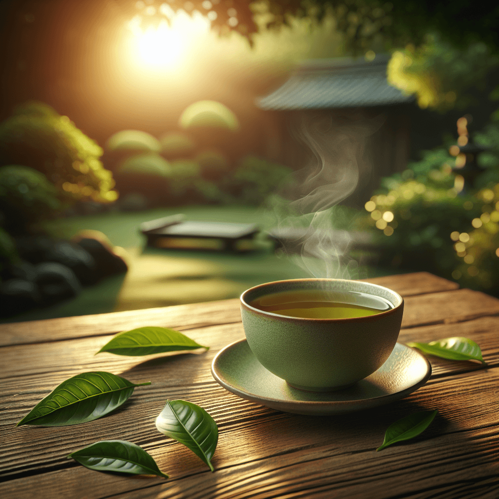 Close-up of a warm cup of green tea on a wooden table with loose leaves and a sunlit garden background.