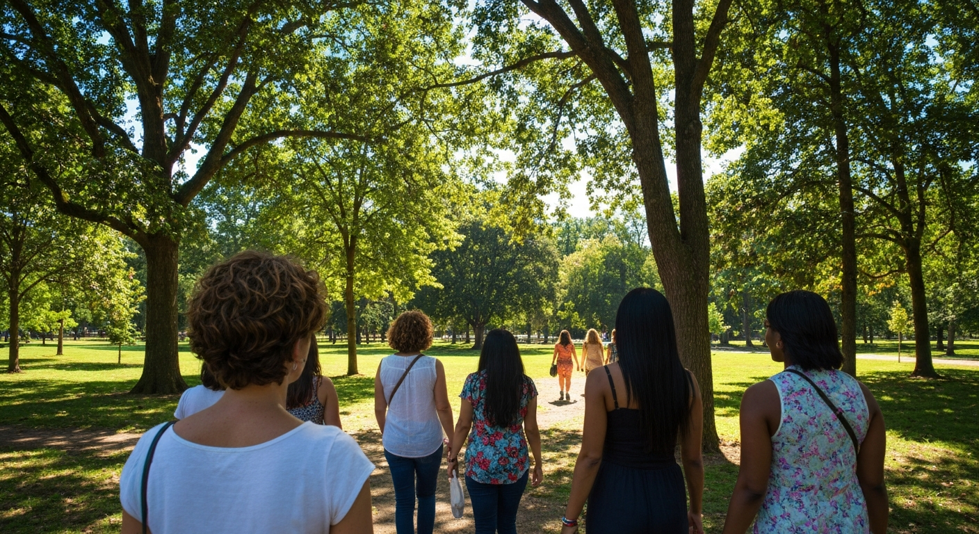 Woman walking into a quiet park along a tree-lined path