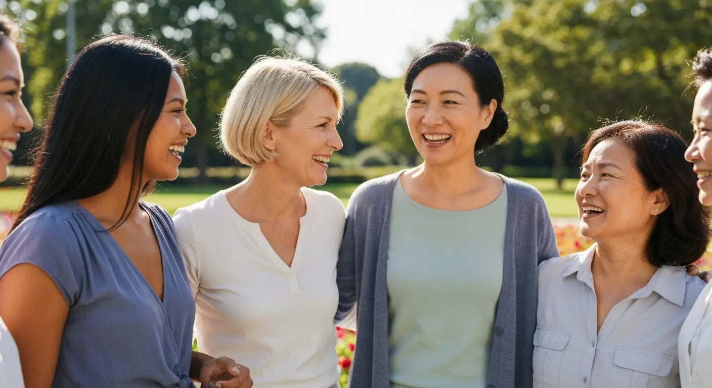 A group of diverse women of different ages standing outdoors together, smiling and talking, with trees and sunlight in the background.