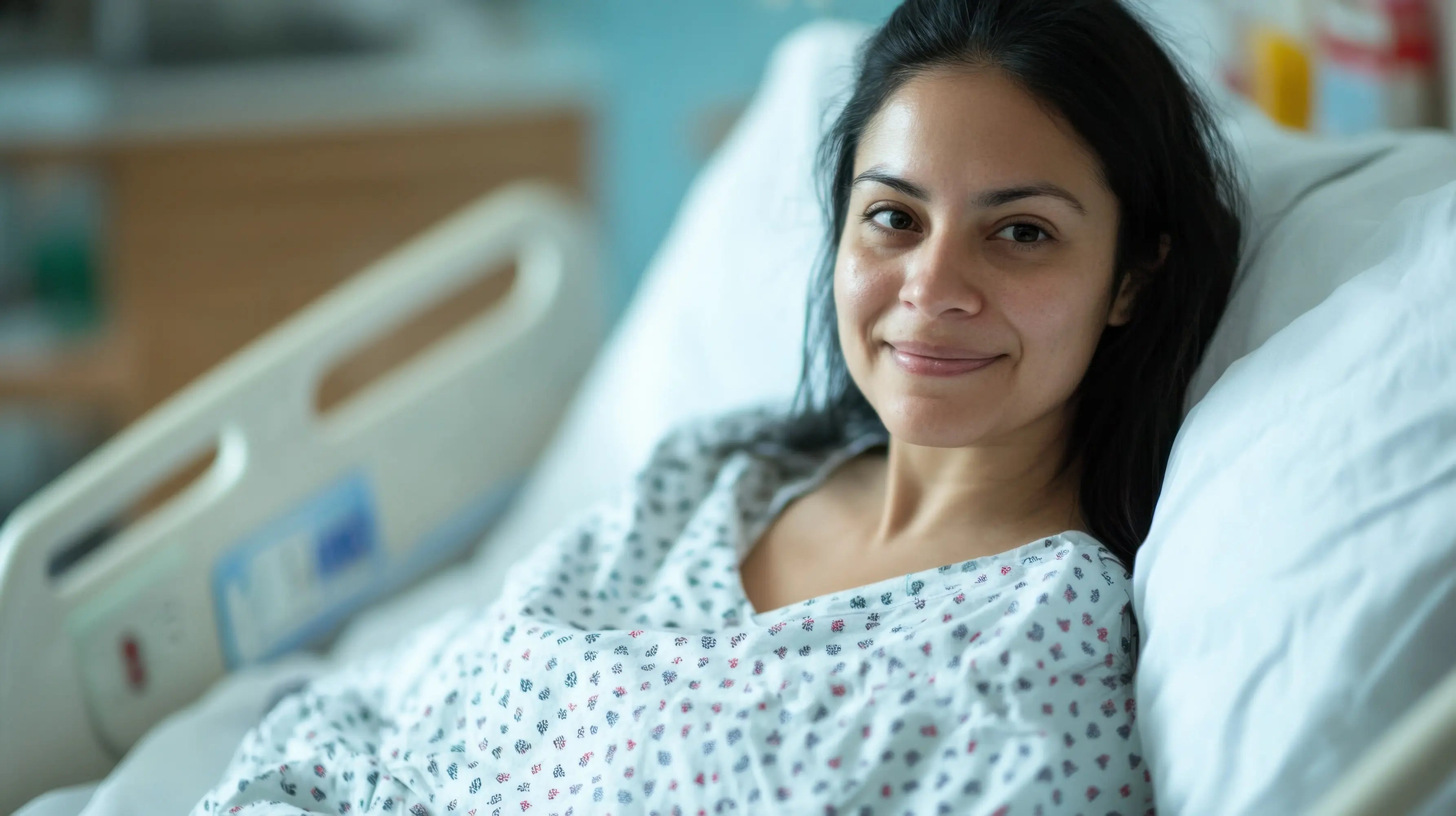 Smiling woman resting in a hospital bed wearing a gown, appearing comfortable and recovering.