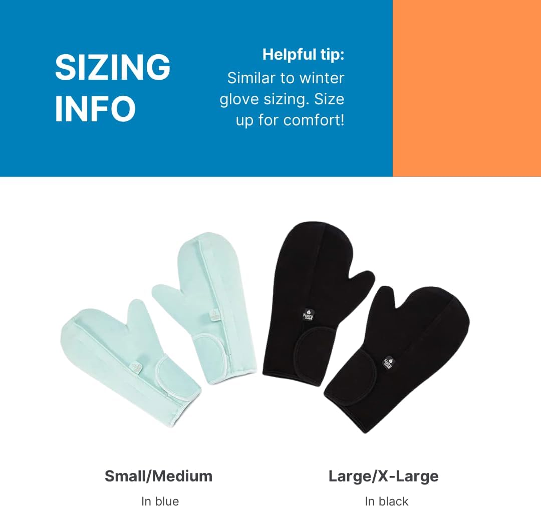 sizing ingo showing the small/medium comes in blue and the large/x-large comes in black with the recommendation to size up for comfort.