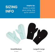 sizing ingo showing the small/medium comes in blue and the large/x-large comes in black with the recommendation to size up for comfort.