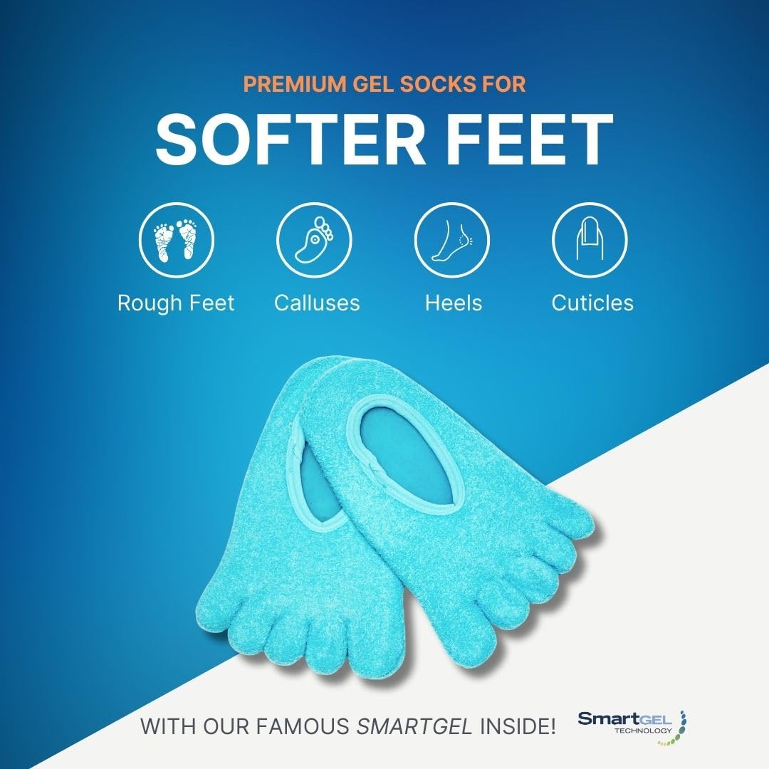 an image of the blue dry skin socks that say how they help rough feet, calluses, heels, and cuticles for softer feet via the smartgel lining