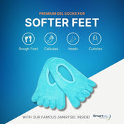 an image of the blue dry skin socks that say how they help rough feet, calluses, heels, and cuticles for softer feet via the smartgel lining