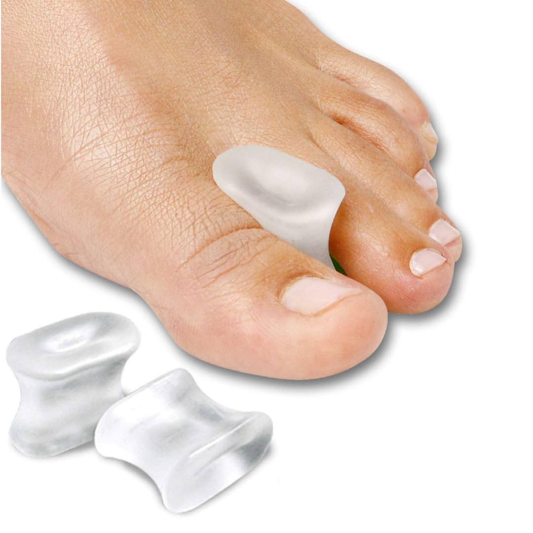 Gel toe spacers separating overlapping toes to ease bunion pressure