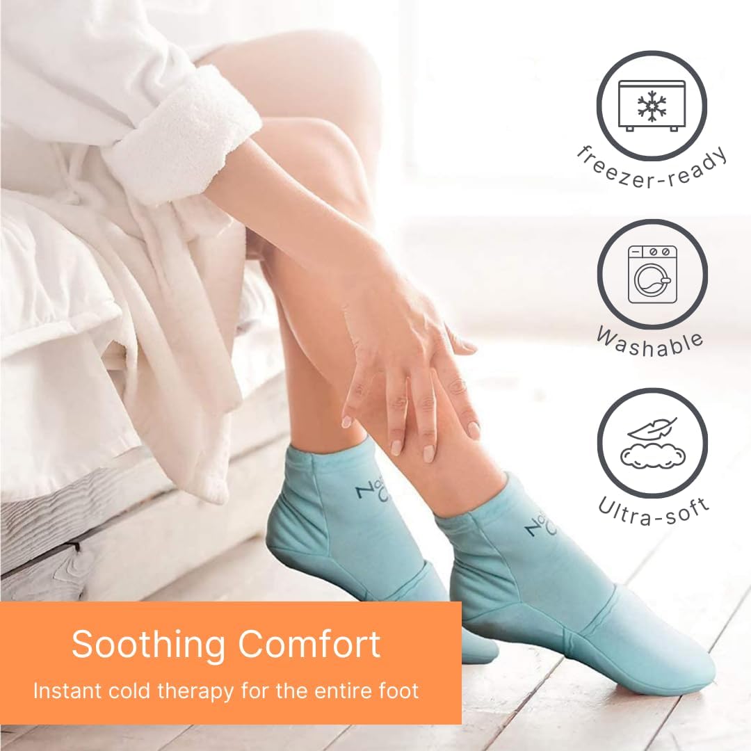 Woman wearing NatraCure cold therapy socks while seated on a bed, highlighting soothing full-foot cold compression, with icons indicating freezer-ready gel packs, washable design, and ultra-soft material for foot pain and inflammation relief.