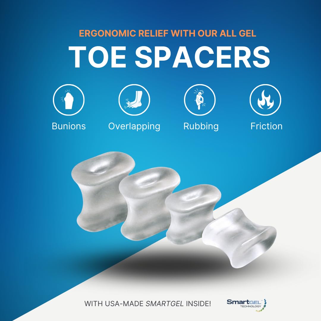 Thin, anatomically shaped toe spacers fitting comfortably in most shoes