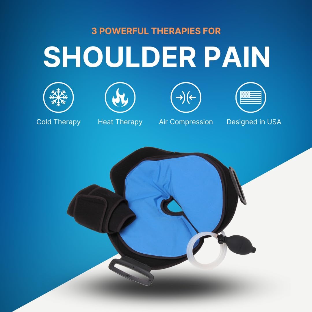 Brace fitted on right shoulder applying cold therapy to reduce swelling
