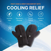 Image of the cooling therapy mittens showing that they help with arthritis pain, raynaud's disease, carpal tunnel, aches & pains