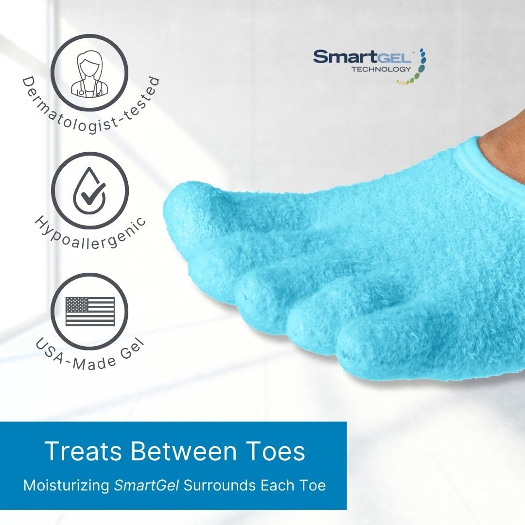 picture of the top half of a foot wearing the blue moisturizing sock with icons showing that it's dermatologist-tested, hypoallergenic, and USA-Made Gel. There's a blue text box that reads "Treats between toes: moisturizing SmartGel surrounds each toe"