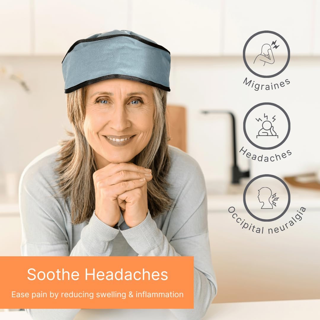 A woman wearing the NatraCure Advanced Cold Therapy Cap, designed to soothe headaches, migraines, and occipital neuralgia.