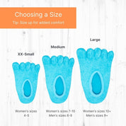 A size chart illustrating how the XX-Small fits women's sizes 4-5, medium fits women's sizes 7-10 and men's sizes 6-9, and large fits women's sizes 10+ and men's sizes 9+