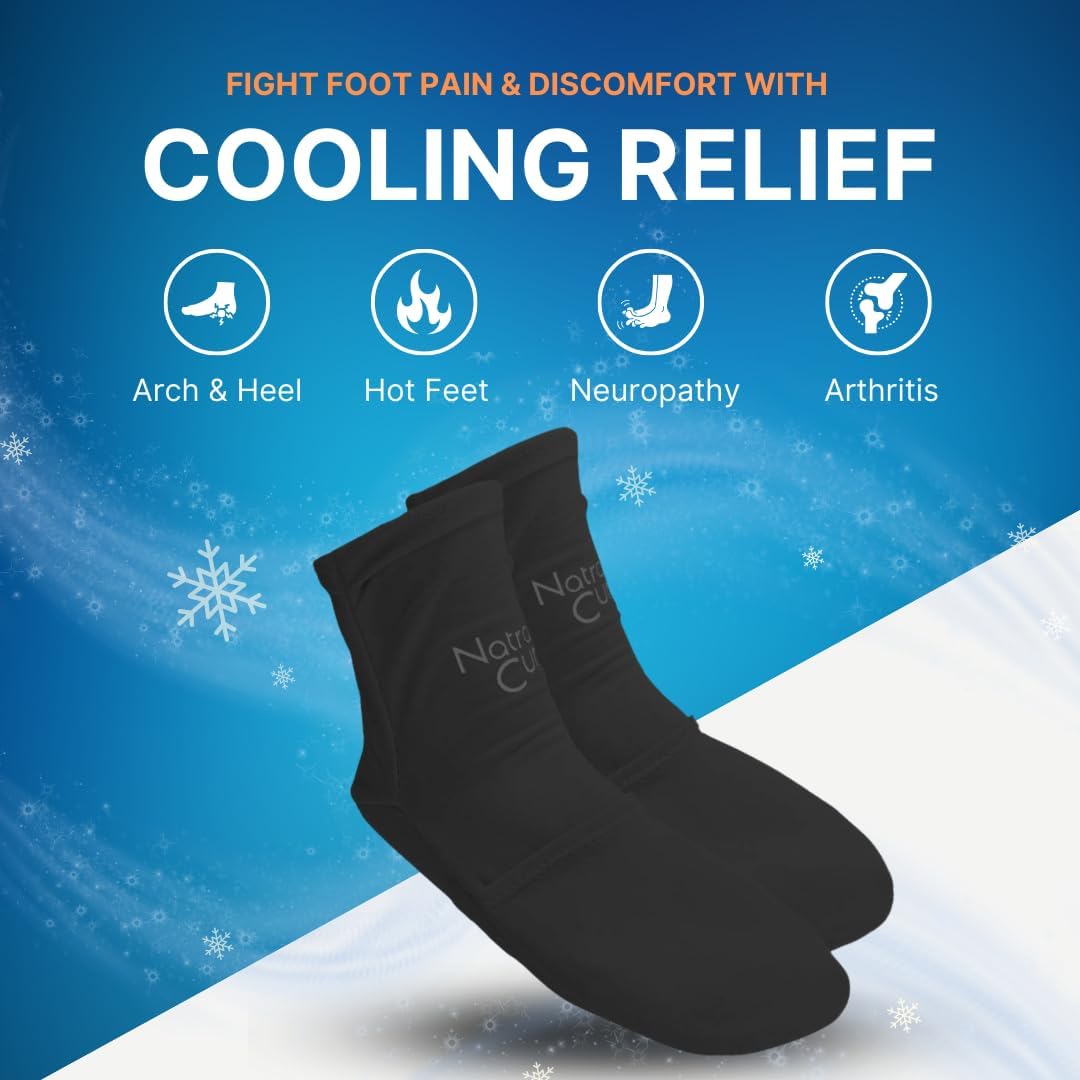image of NatraCure cooling foot therapy socks highlighting cold relief for foot pain and discomfort, with icons indicating benefits for arch and heel pain, hot feet, neuropathy, and arthritis, set against an icy blue background.