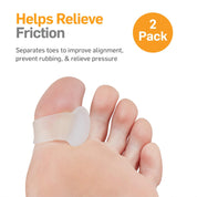 A person wearing the gel toe spreader with a clear view of how it separates the toes.