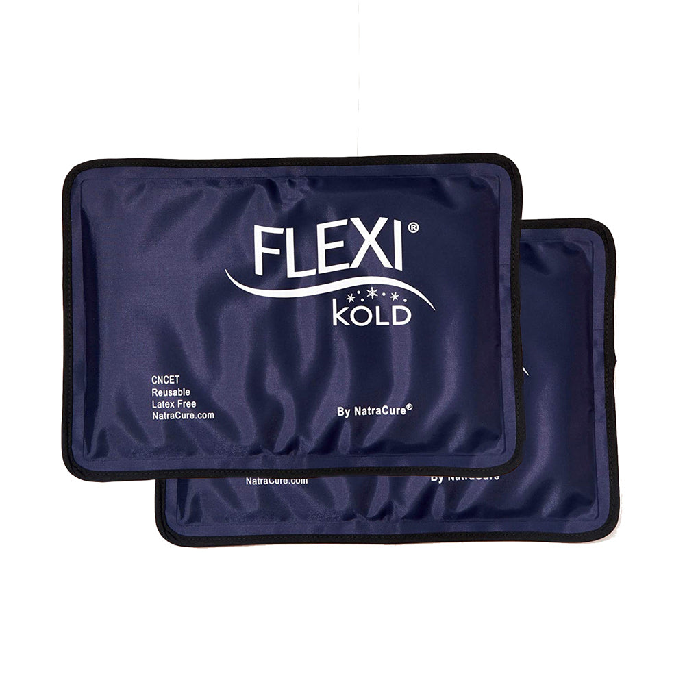 Two navy blue ice packs with 'Flexi Kold' branding on a white background