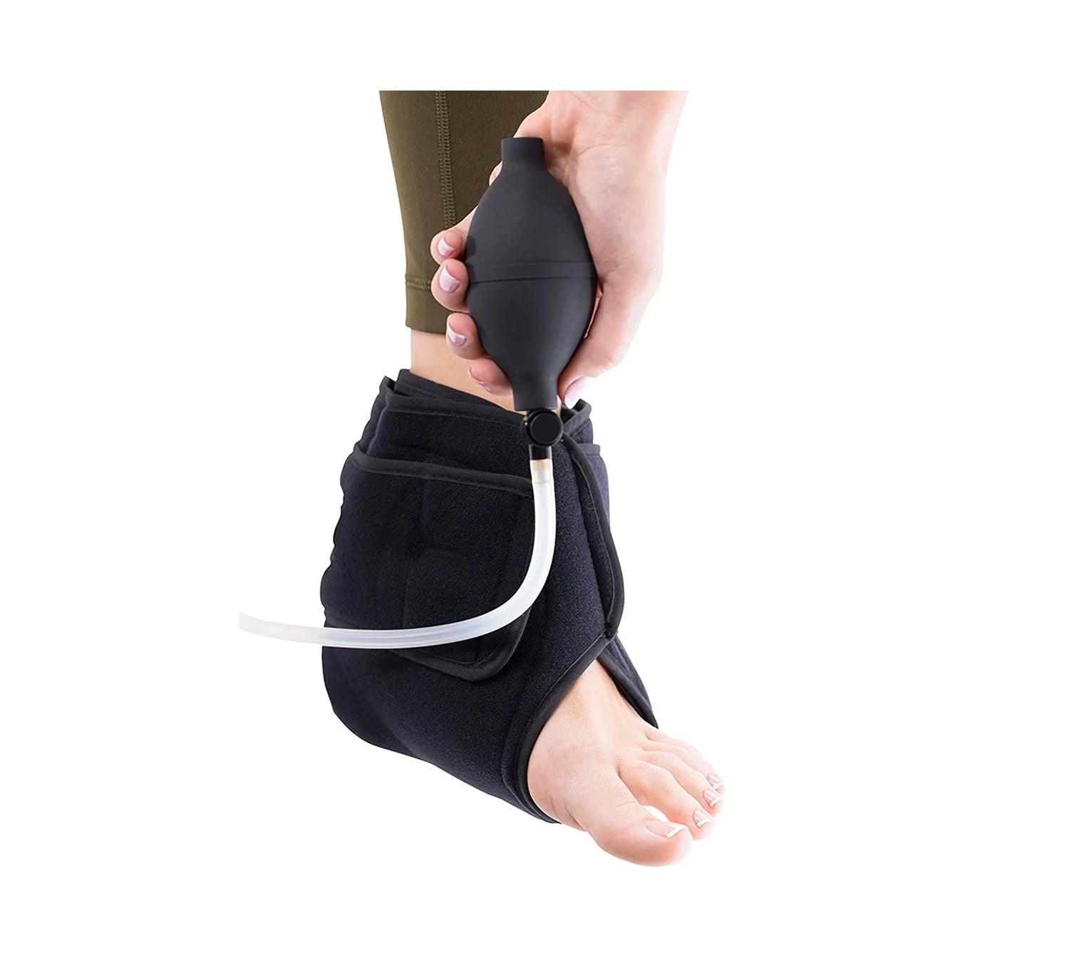 Cold compression ankle support with removable gel pack and air pump