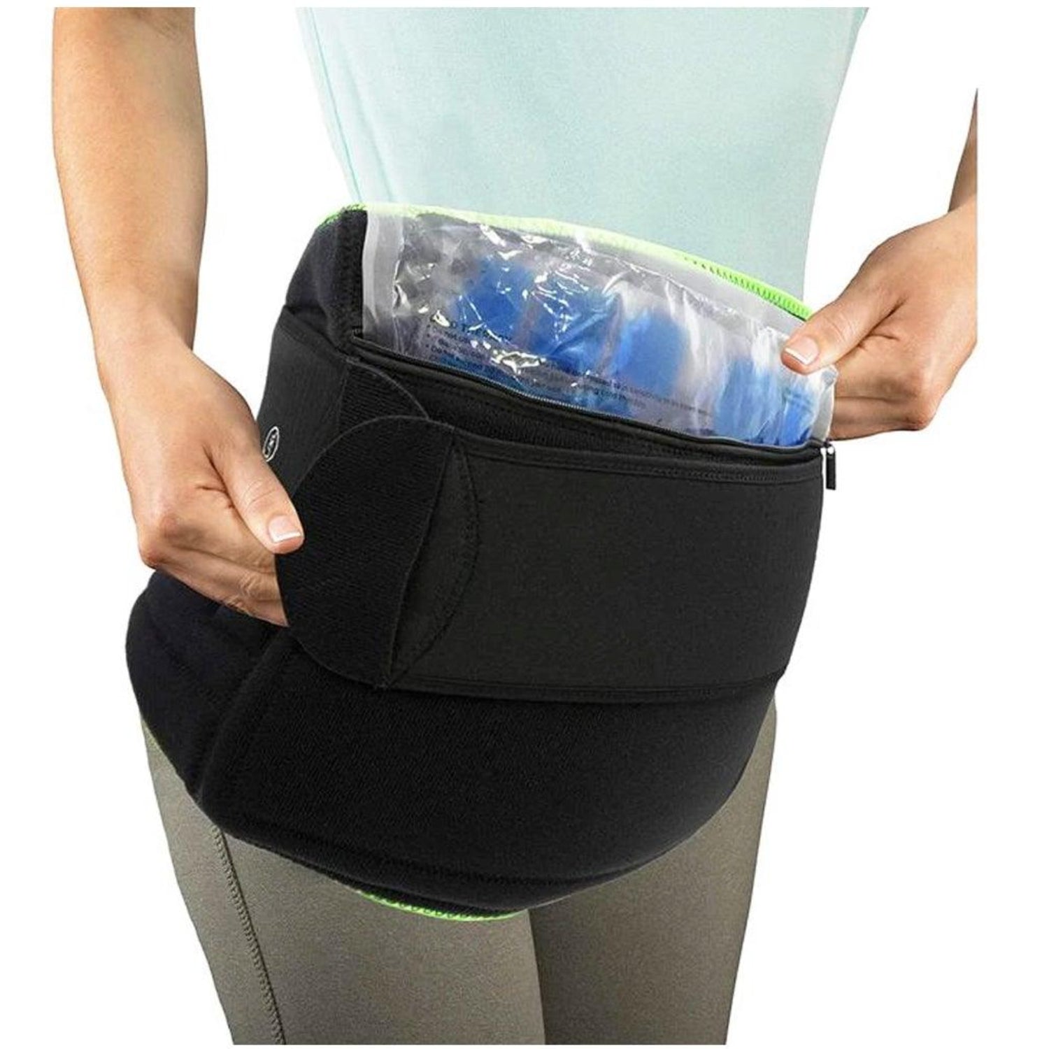 Cold hip pain relief wrap with removable gel pack and wide stretch band